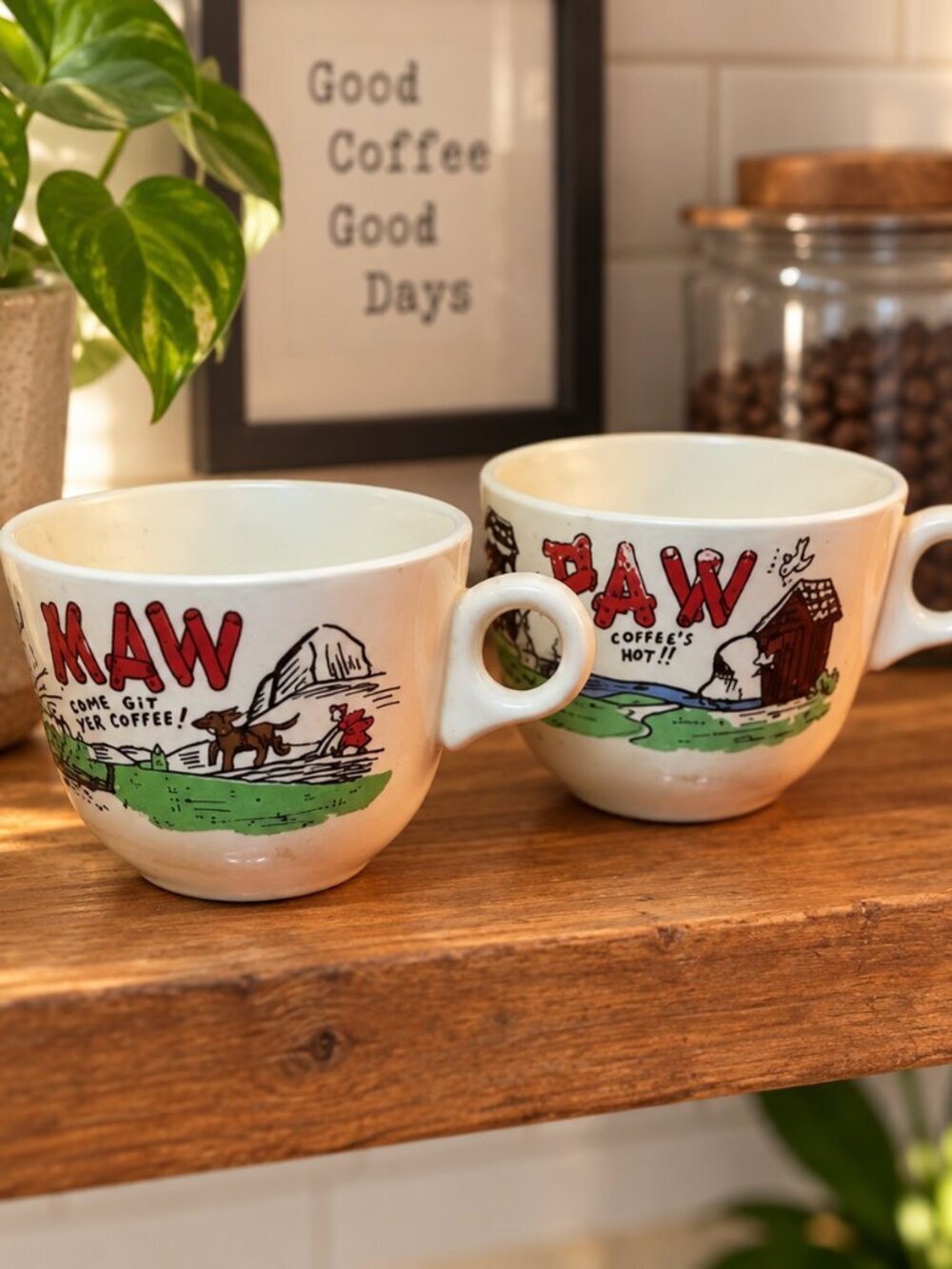 Vintage PAW & MAW Coffee Mug Set Hillbilly Novelty Cups Red White Rustic